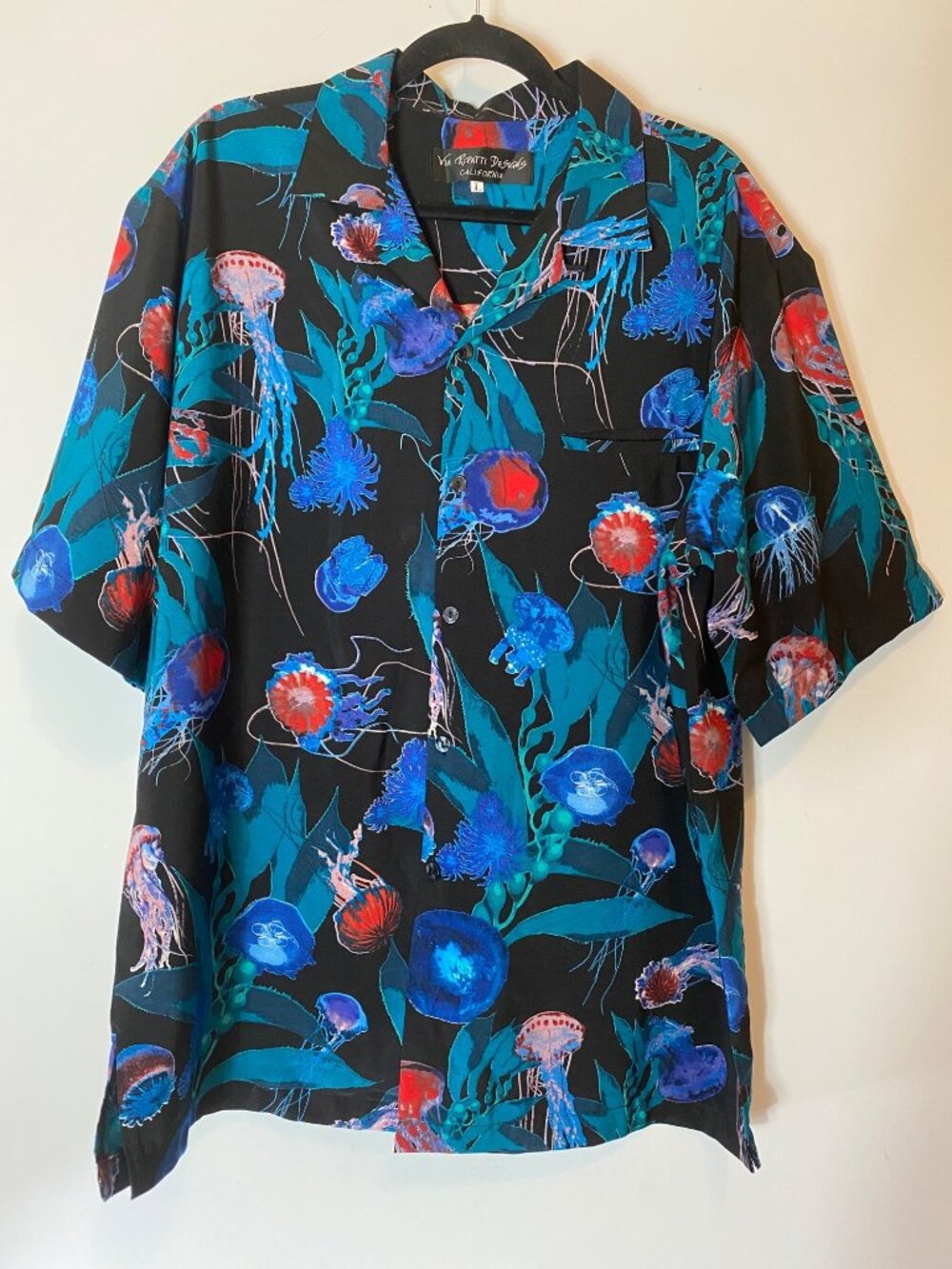 Vintage Via Ripatti Designs Mens Jellyfish Print Hawaiian Shirt Multicolor Large